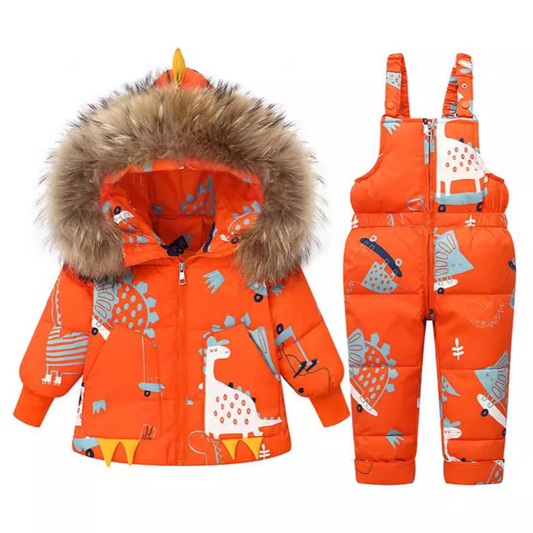 Acuryx Toddler Boys Girls Snowsuit 2 Pieces Winter Dinosaur Print Zipper Hooded Puffer Jacket and Snow Overalls Set Orange 2-3 Years Old