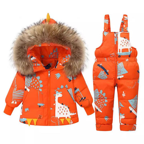Acuryx Toddler Boys Girls Snowsuit 2 Pieces Winter Dinosaur Print Zipper Hooded Puffer Jacket and Snow Overalls Set Orange 2-3 Years Old