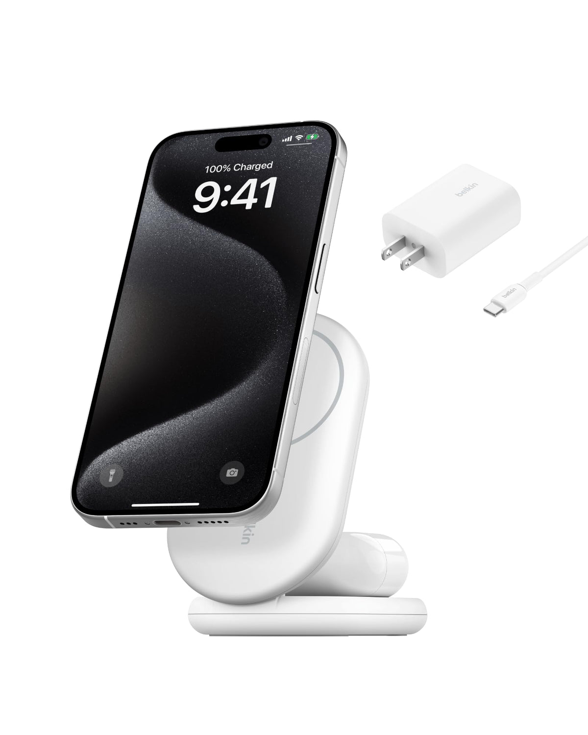 Belkin MagSafe Charger Compatible BoostCharge 2-in-1 Magnetic Foldable Charger 15W - Qi2-Certified Wireless Charger for Apple iPhone 16, iPhone 15, Apple Watch w/Non-Slip Base, PSU Included - White