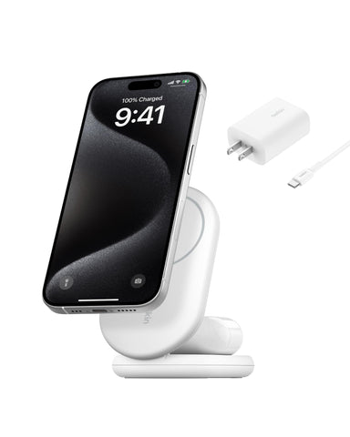 Belkin MagSafe Charger Compatible BoostCharge 2-in-1 Magnetic Foldable Charger 15W - Qi2-Certified Wireless Charger for Apple iPhone 16, iPhone 15, Apple Watch w/Non-Slip Base, PSU Included - White