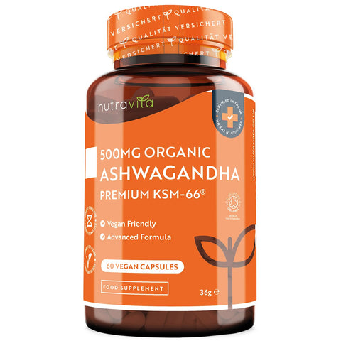 Organic Ashwagandha KSM-66® with 5% Withanolides - Vegan Friendly with The Highest Concentration Most Bioavailable Full-Spectrum Root Powder for Immune Support - Made in The UK by Nutravita