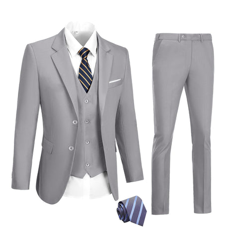 Mens Grey Suits 3 Piece Slim Fit Suit Set Two Button Solid Tuxedo Jacket Vest Pants with Tie for Groomens X-Large