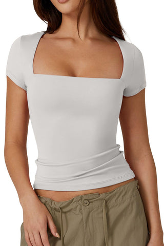 QINSEN Short Sleeve Tee Shirt for Women Square Neck Curved Shoulders Going Out Tops Splashed White Small