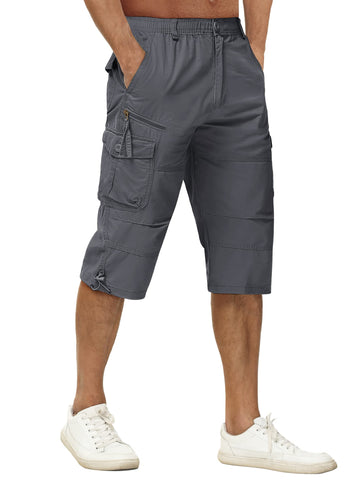 TACVASEN Men's 100% Cotton Casual Military Elastic Capri Cargo Shorts with Multi Pockets, Grey, 34 (2XL)