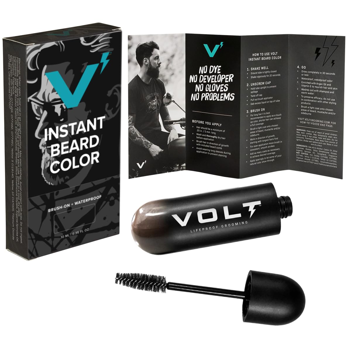 VOLT Grooming Instant Beard Color Single Pack - Smudge and Water Resistant Quick Drying Brush on Color for Beards, Mustaches, and Eyebrows - 0.35 Fl Oz (10 ml), Ash (Gray/Brown)