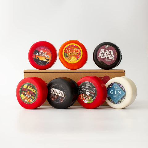 Munchie's Mighty 7 Cheese Gift Box. Packed Full of Delicious Artisan Cheddar Cheese. A Delicious Cheese Selection, Containing 7 Savoury Cheddar Cheese, The Chuckling Cheese Company.