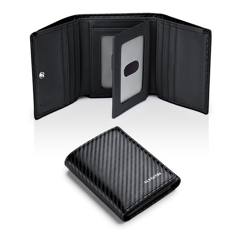 VANNANBA 2023 New Mens Trifold Leather Wallet with Folded ID Windows,12 Card Slots & 2 Note pockets(carbon black)