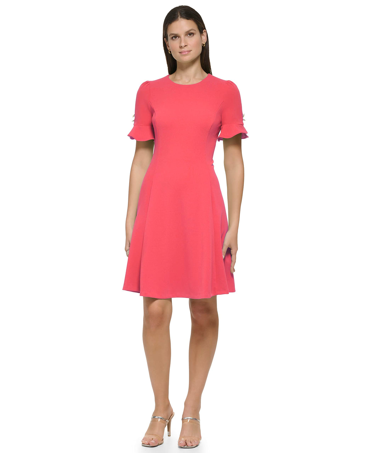 DKNY Women's Flounce Sleeve with Button Fit and Flare Dress, Melon, 14