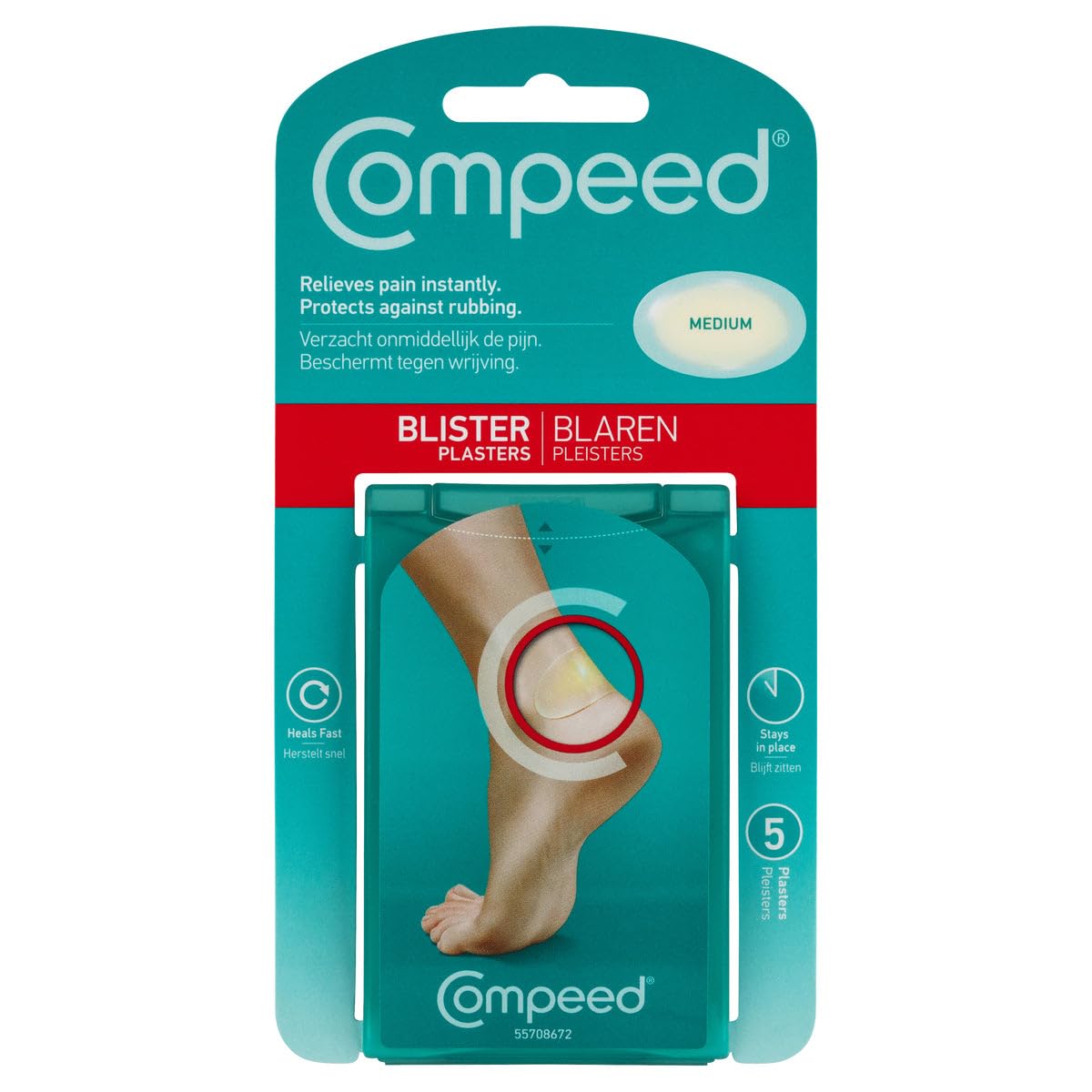 Compeed Medium Size Blister Plasters, 5 Hydrocolloid Plasters, Foot Treatment, Heal fast, Dimensions: 4.2 cm x 6.8 cm (packaging may vary)