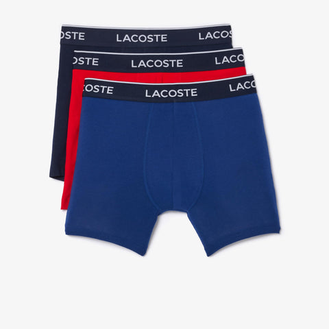 Lacoste Mens Casual Classic 3 Pack Cotton Stretch Boxer Briefs, Navy Blue/Red/Methylene, Small
