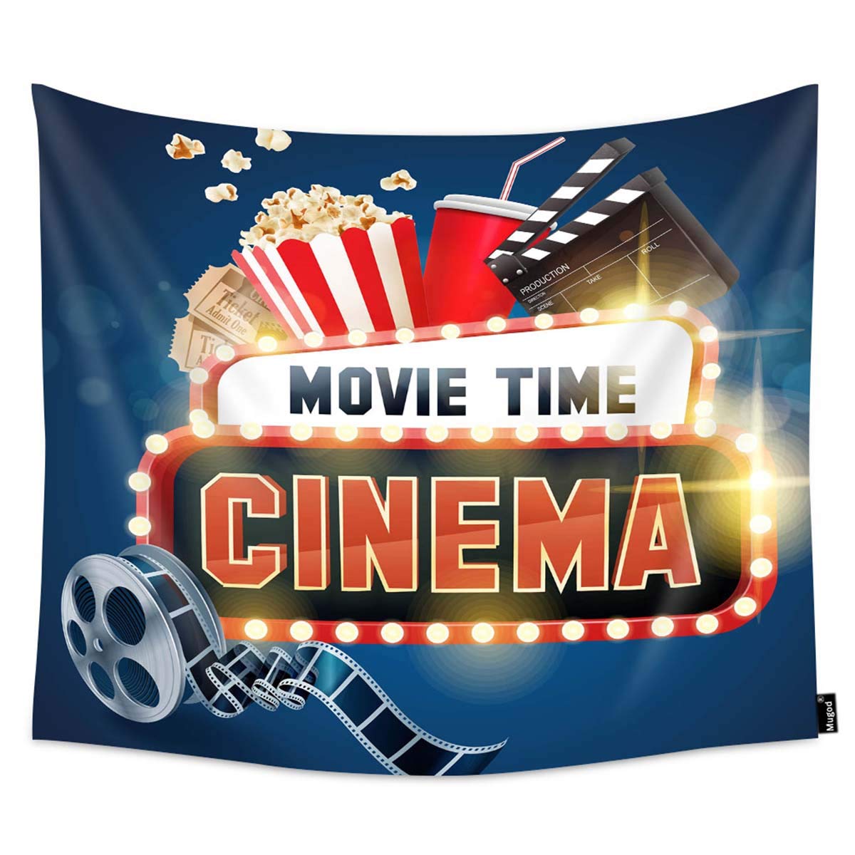 Mugod Cinema Movie Poster Tapestry Popcorn Filmstrip Clapboard Tickets and Movie Time Banner Shining Sign Home Decor Tapestry Wall Hanging for Bedroom Living Room Dorm, 60WX40H Inches