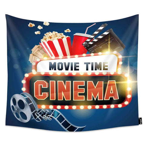 Mugod Cinema Movie Poster Tapestry Popcorn Filmstrip Clapboard Tickets and Movie Time Banner Shining Sign Home Decor Tapestry Wall Hanging for Bedroom Living Room Dorm, 60WX40H Inches