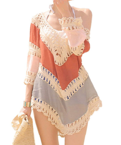YouKD Summer Bohemian Tunic Tops Beachwear Biniki Cover Up Robes Crochet Tshirts for Women A Orange