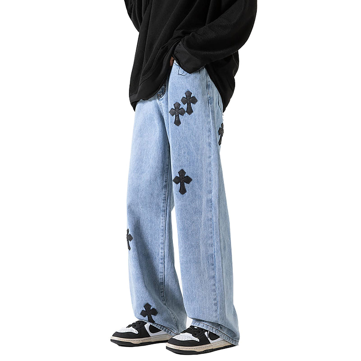 Men's Baggy Hip-hop Cross Patchwork Jeans Loose Fit Wide Leg Straight Denim Pants Streetwear, Blue, 3X-Large
