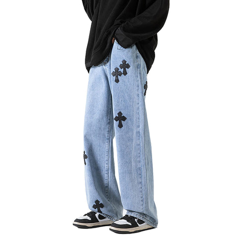 Men's Baggy Hip-hop Cross Patchwork Jeans Loose Fit Wide Leg Straight Denim Pants Streetwear, Blue, 3X-Large