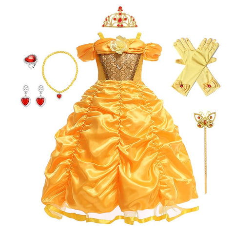 HIHCBF Girls Beauty and The Beast Costume Belle Princess Birthday Party Christmas Halloween Fancy Dress w/Accessories Set Yellow 003 6-7T