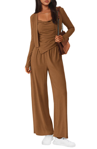 BTFBM Women's Fall Lounge Sets 3 Piece Outfit Tracksuits Casual Long Sleeve Tops High Waisted Sweatpants Set(Solid Khaki,Medium)
