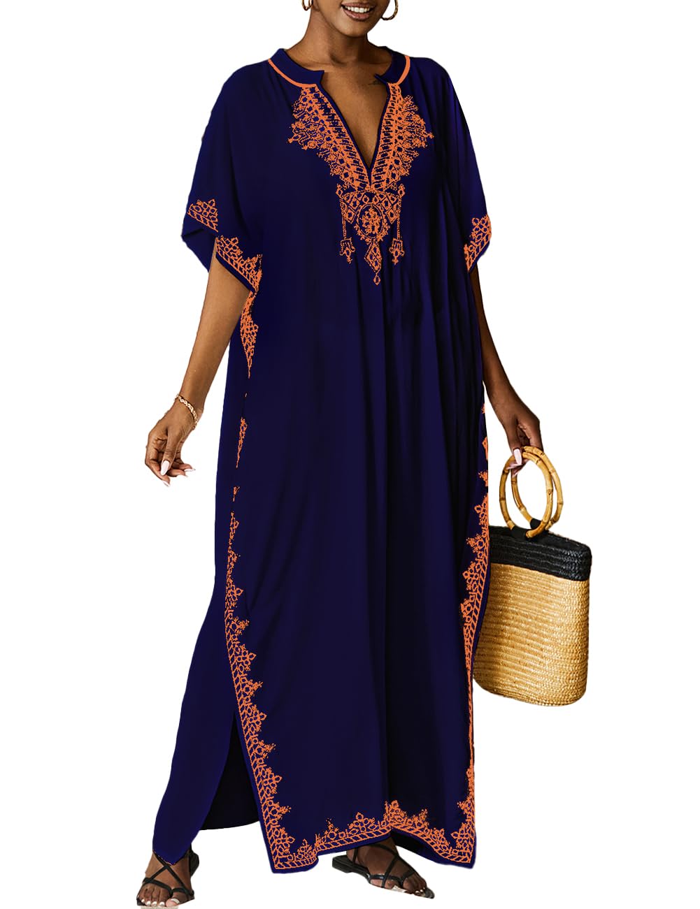 Bsubseach Kaftan Dresses for Women Swimsuit Coverup Plus Size Beach Caftan Cover Ups for Swimwear Embroidery Green
