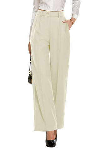 PrinStory Women Trousers Casual Office Work Formal Pull On Trousers Straight Leg Pants (Beige, US 12, UK 16)