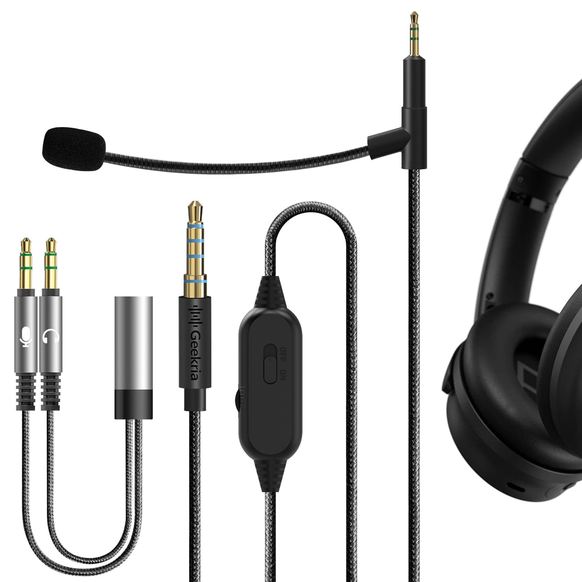 Geekria Boom Mic Headphones Cable Compatible with Bose QC Ultra QC SE 700 QC45, 2.5mm Jack Nylon Braided Replacement Cord with Boom Microphone and Volume/Mute Control for Gaming & Meeting (5.6ft)