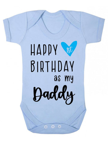Happy 1st birthday as my Daddy (blue heart) personalised family [BBY7] baby grow vest, 3-6 months, Pastel Blue