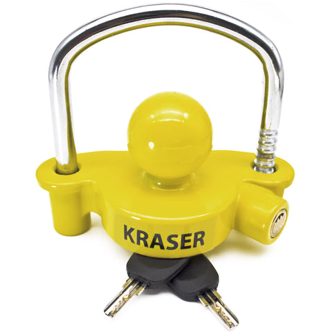 KRASER KR815 Trailer Coupler Lock, Anti-Picking Anti-Drilling Curved High Security Key, Heavy Duty Reinforced Steel, Bright Yellow More Deterrent, Adjustable Storage Security, Trailer Locks Ball Hitch