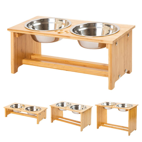 FOREYY Raised Dog Bowls for Cats and Dogs - Bamboo Elevated Dog Cat Food and Water Bowls Stands Feeder Dishes with 2 Stainless Steel Bowls and Anti Slip Feet (Medium - 18 cm high)