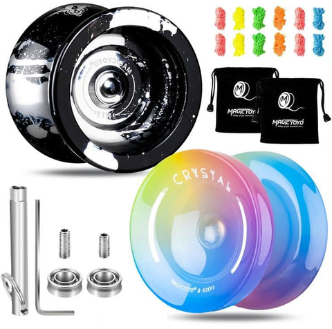 MAGICYOYO Pack of 2 Responsive Yoyos - N11 Black Silver + K2 Blue Pink Yellow Fingerspin Yoyo for Kids Beginners, Dual Purpose Yoyos with Unresponsive Yoyo Bearings Kit+2 Yoyo Bags+12 Yoyo Strings