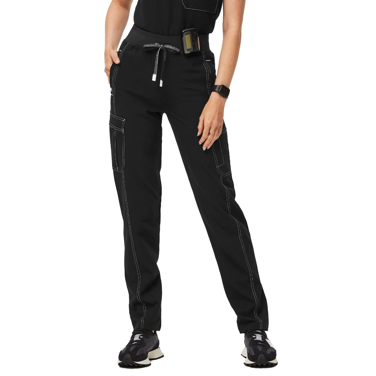 FIGS Ukwala High Waisted Cargo Scrub Pants for Women - High Rise, Classic Fit, 11 Pockets, Anti-Wrinkle, Anti-Moisture, Black/White, XL