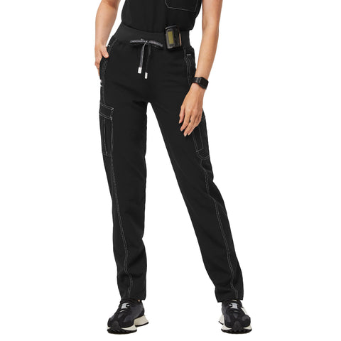 FIGS Ukwala High Waisted Cargo Scrub Pants for Women - High Rise, Classic Fit, 11 Pockets, Anti-Wrinkle, Anti-Moisture, Black/White, XL