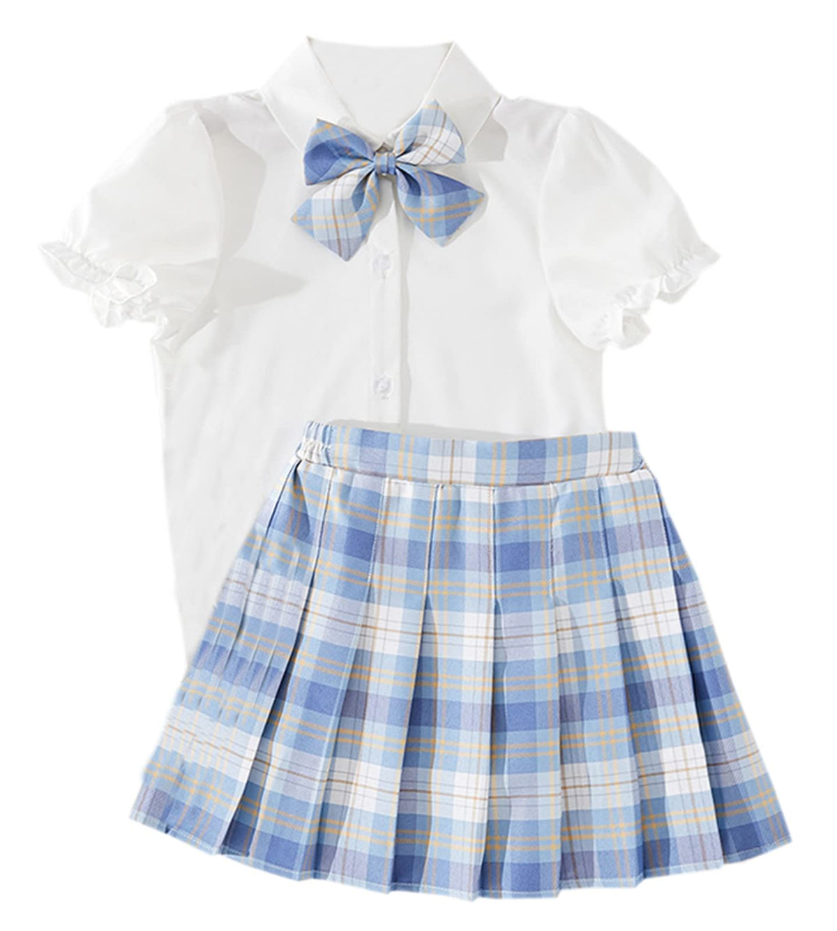 Kids Girls School Uniform JK Skirt Outfit, White T-Shirt and Plaid Pleated Skort Set, Blue Plaid, 9-10 Years