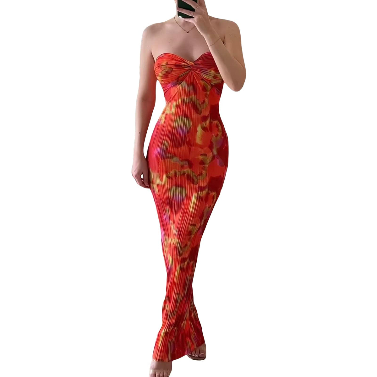 Women's Twist Front Maxi Dress Strapless Tube Top Dresses Sleeveless Backless Knitted Long Dress ?Pleated Floral Red?Small?