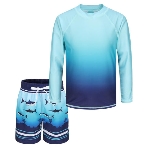 UV Swimming Shirt Boys Two-Piece Long Sleeve Swimming Shirt Children's Board Shorts Boys Bathing Set Kids Quick-Drying Swimsuit Set 104 164 / 3-16 Years, Blue Shark Gradient, 15-16 Years