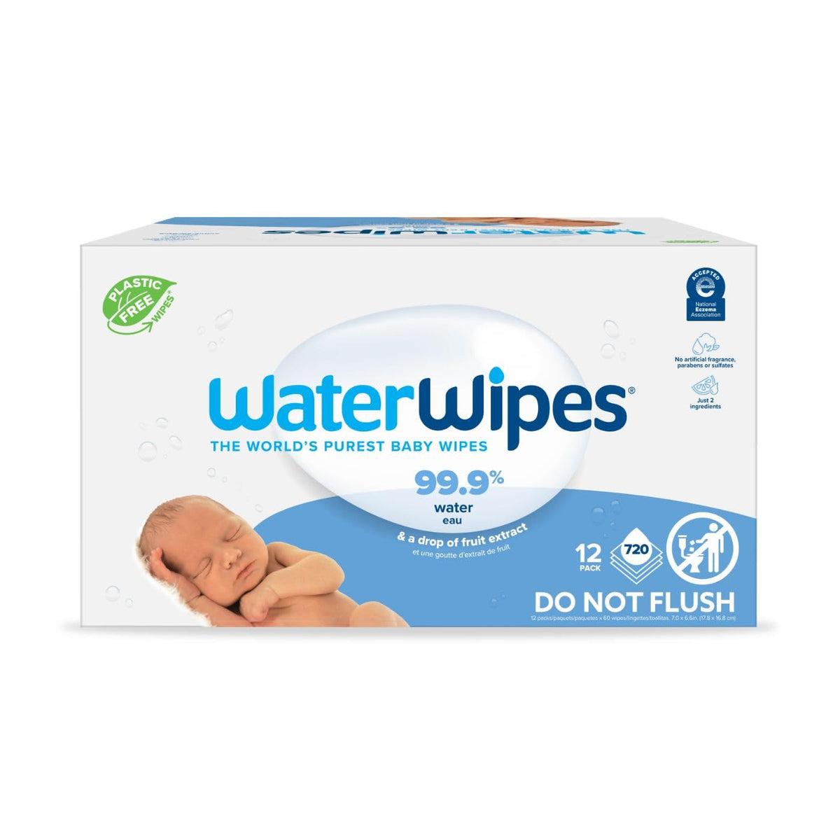 WaterWipes Plastic-Free Original Baby Wipes, 99.9% Water Based Wipes, Unscented & Hypoallergenic for Sensitive Skin, 60 Count (Pack of 12), Packaging May Vary