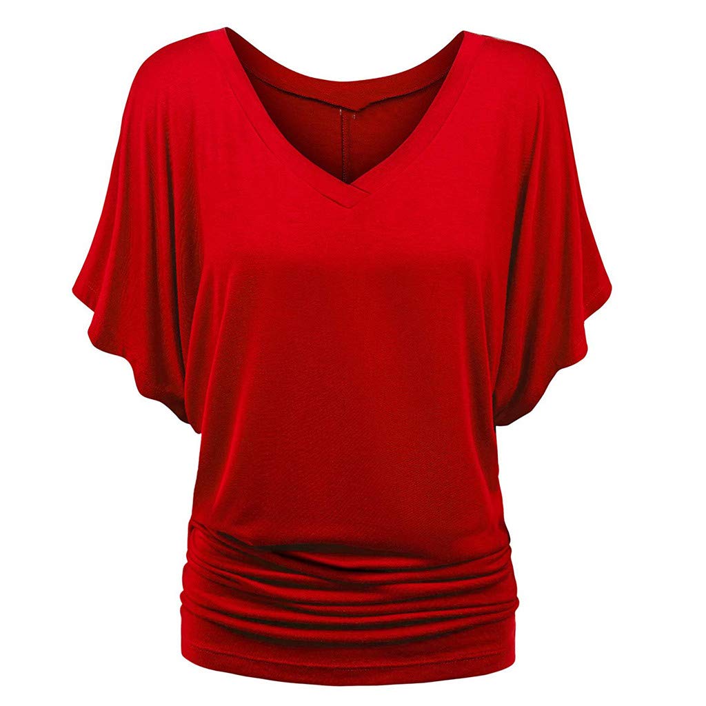 Womens Scoop Neck Half Sleeve Batwing Dolman Top Plus Size Batwing Half Sleeve Shirts Loose Blouse Solid Color Tops(Red,XX-Large)