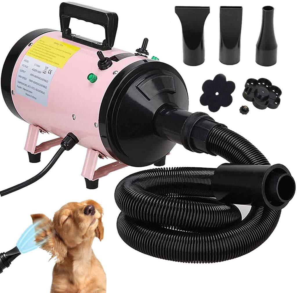 2800W Pet Dog Cat Grooming Hair Dryer Hairdryer Blaster Blower Low Noise Washer Heater with 2.5M Hose 3 Different Nozzles (Pink), 2 Year Warranty