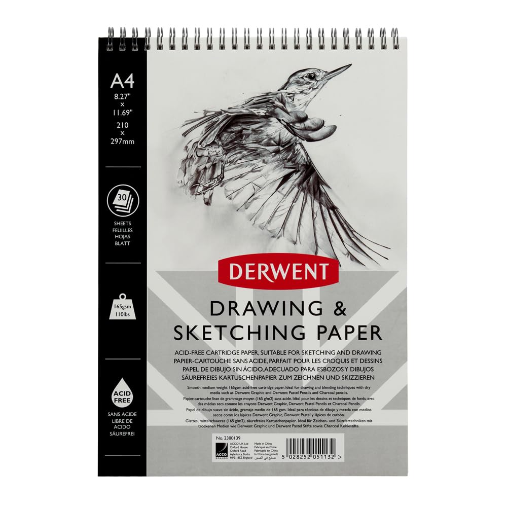 Derwent Sketch Pad A4 Portrait, Drawing & Writing, 30 Sheets, Acid-Free Paper, Wirebound Spine, Professional Quality, 2300139