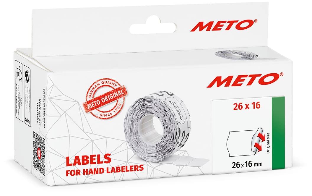 Meto Labels for Hand Labelers (26×16 mm, two-line, white, 6,000 labels, permanently adhesive, for Meto, Contact, Sato, Avery, Tovel, etc.)