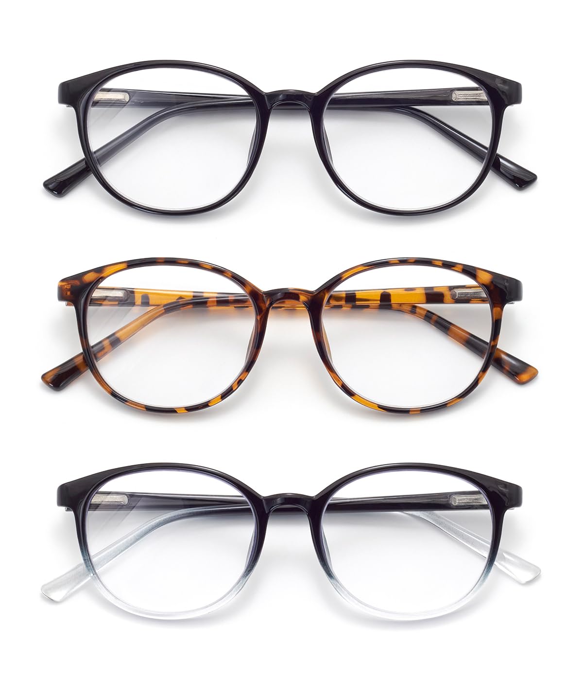 FoxMook 3-Pack Round Reading Glasses for Women Blue Light Blocking Spring Hinge Readers Computer Eyeglasses, C1_Black C3_Brown-Tortoise C5_Black-Clear 1.5 x