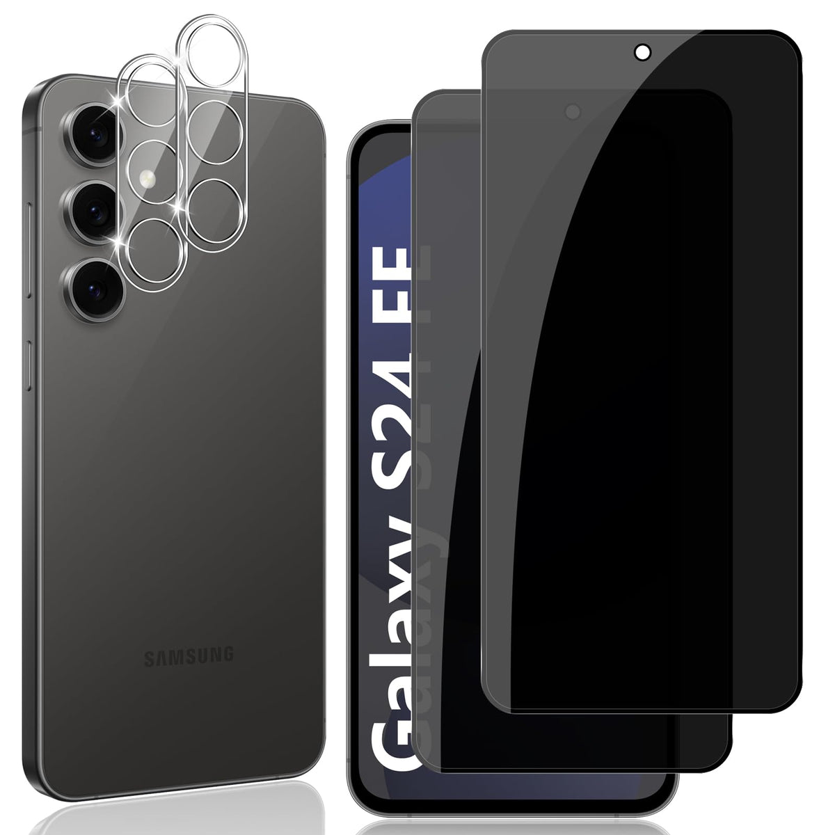 Locofun Privacy Screen Protector for Samsung Galaxy S24 FE 5G, Anti Spy Tempered Glass and Camera Lens Protection [2 + 2 Pieces], Anti-Scratch Protective Screen Film