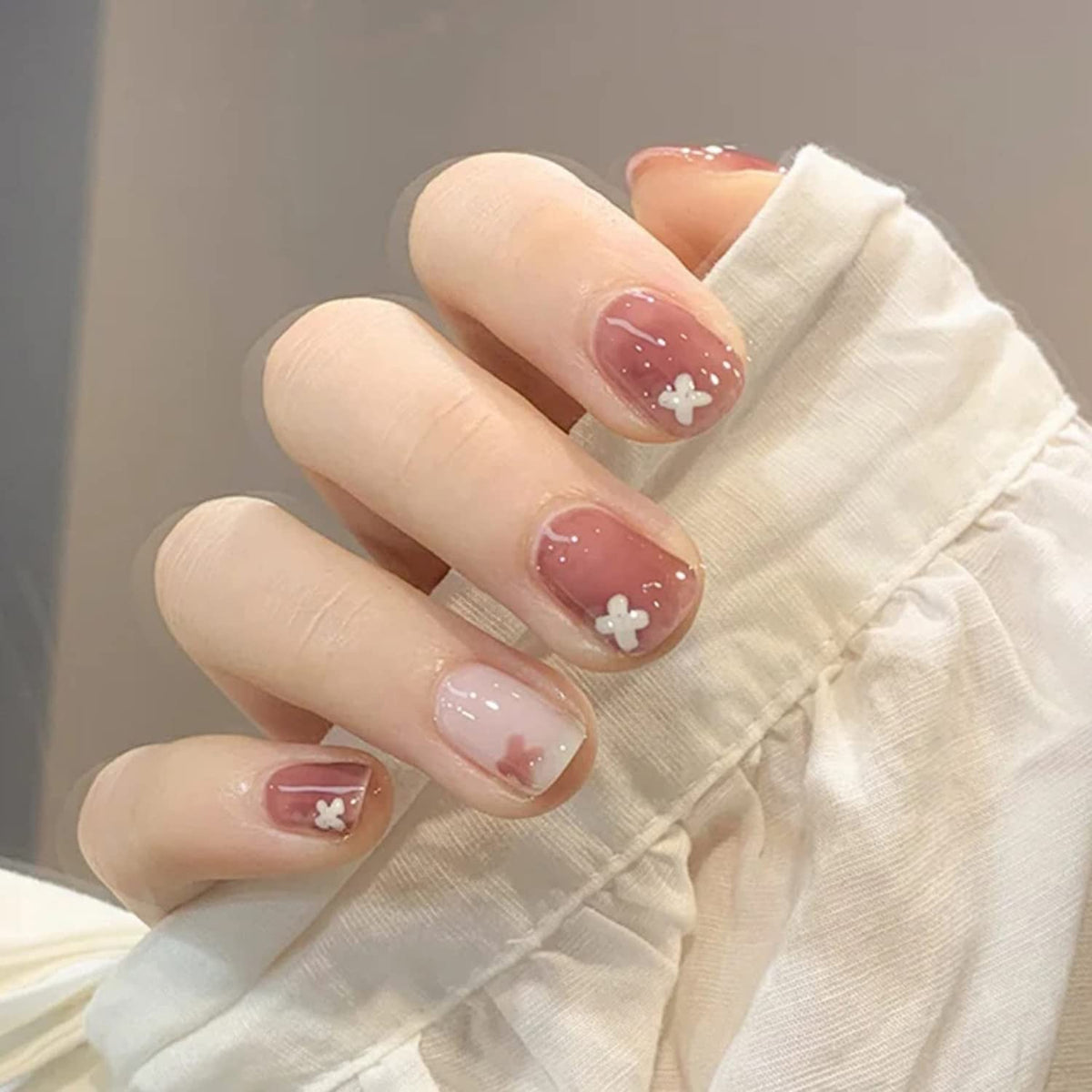 Stick on Nails Short Length Square Shape, 24Pcs Full Cover Reusable False Nails, Artificial Acrylic Fake Nails with Designs, Glue on Nails Coffin Short, Press on Fingernails for Women(R201)