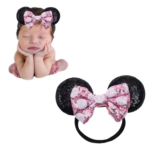 JIAHANG Mouse Ears Sequin Bow Nylon Hairband with Polka Dot, Hair Bow Nylon Headband, Soft Elastic Costume Headwear for Baby Girl Newborn Party Supplies
