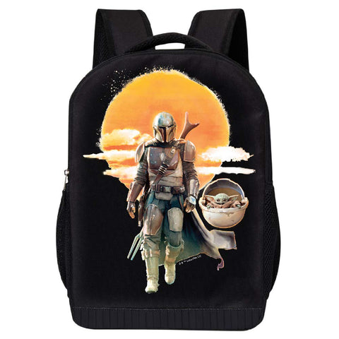 STAR WARS BLACK MANDALORIAN BACKPACK 18 INCH AIR MESH PADDED BAG (Mando Child and the Sun)