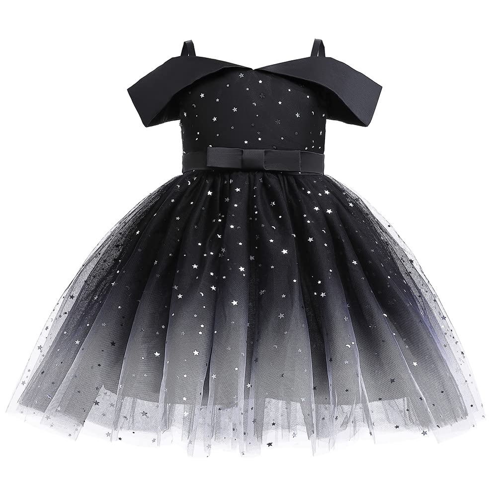 Cichic Girls Party Dress Girls' Princess Dresses Tutu Dress for Girls Kids Wedding Birthday Starry Tulle Dance Off Shoulder Outfit 2-3 Years Black
