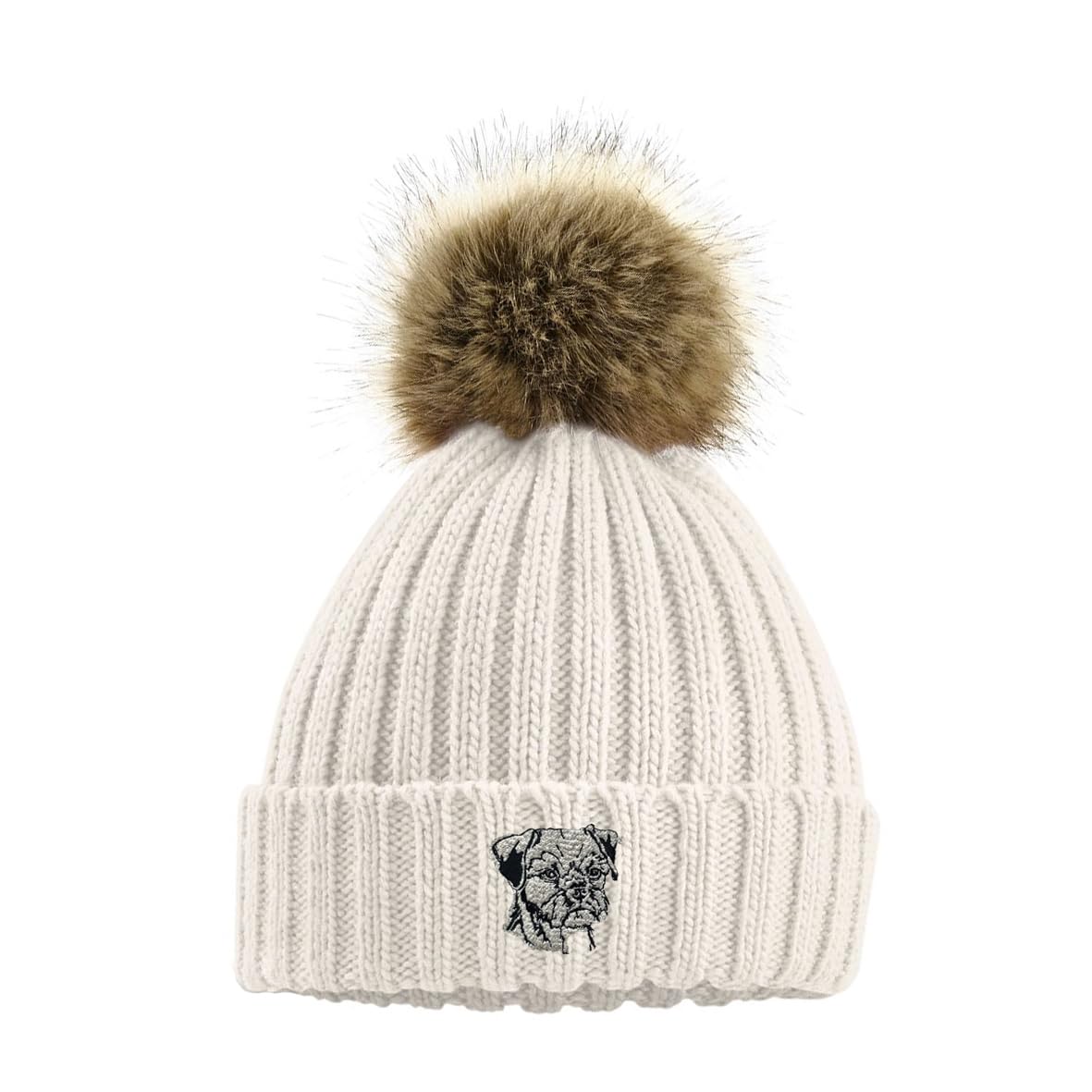 The House Of Dog: Border Terrier Owner Gift. Faux Fur Pom Pom Chunky Knit Super Soft Unisex Embroidered Beanie Oatmeal