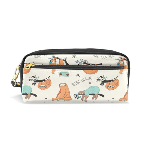 ALAZA Pencil Case, Cute Sloth Printed Travel Makeup Pouch Large Capacity Waterproof Leather 2 Compartments for Girls Boys Women Men