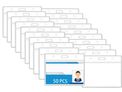 50 Pcs Clear Plastic Horizontal Name Badge ID Card Holders with Waterproof Resealable Zip, Name Tag Holder for Nurses, Office and School