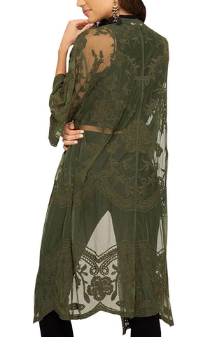 YouKD Women's Lace Cardigan See Through Dress Boho Long Kimono Beach Swimsuit Cover Up Dresses Green