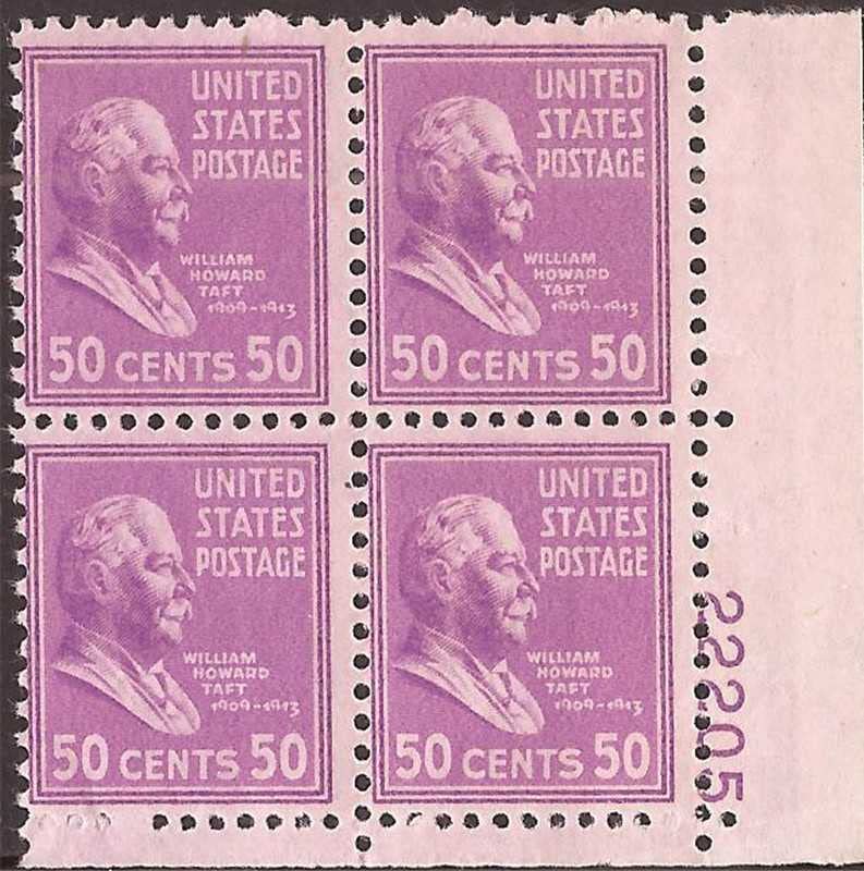 1938 William Howard TAFT Plate Block of 4 US Postage Stamps Catalog Number 831 Mint Never Hinged