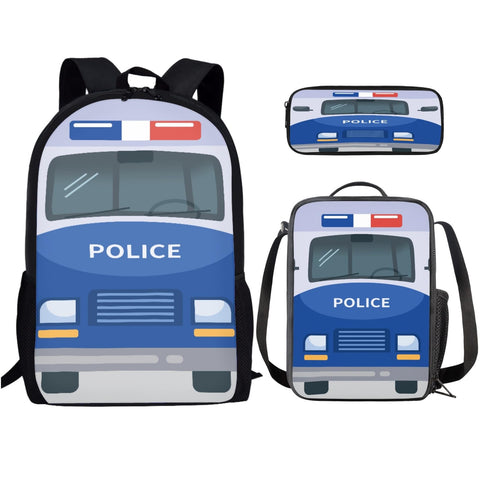 Wanzuoeng Cartoon Police Car Printed Girls Boys School Backpack for Kids Teens, Elementary Middle School Large Backpacks Bookbag Set with Lunch Bag Pencil Case